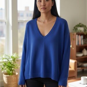 Eileen Fisher Sapphire Blue Linen Pullover V-Neck Sweater